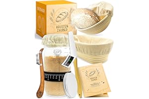 KRUSTENZAUBER 2er Set Gärkörbchen & 600ml Sauerteig Starter Set im Vorteilspack - Gärkörbe aus Rattan inkl. Gärtuch sowie Gärglas mit Spatel und Bäckermesser, Brot Backen Zubehör, Sauerteig-Glas