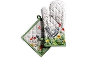 MAISON D' HERMINE Maison d 'Hermine Basse Cour Set guanti da forno 100% cotone (19cm x 33cm) e presine (20cm x 20cm) per barbecue, cucina, alla griglia, microonde, primavera/estate, Festa della mamma