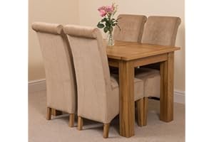 OAK FURNITURE KING Hampton 120cm - 160cm Oak Extending Dining Table and 4 Chairs Dining Set with Montana Beige Fabric Chairs