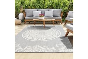 homeart Outdoor Rug - Easy-Clean, Durable, Stain-Resistant, Weather & UV Resistant Indoor & Outdoor Rugs for Porch, Deck, Balcony, Garden, Picnic and Patio | Mandala Grey, Cream - 140x200cm