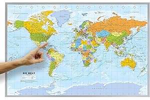 ‎ORBIT GLOBES & MAPS ORBIT Globes & Maps - Weltkarte - Kork Weltkarte auf Pinnwand mit Holzrahmen (silber) 90 x 60 cm, deutsch mit Fähnchen und Pins sowie Befestigungsmaterial