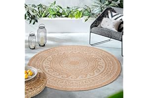 ‎HOMEBYHOME HomebyHome In & Outdoor Teppich Wetterfest Rund 80 cm Beige, Sisal und Jute Optik Balkon Teppich Wasserfest - Teppich Küche, Waschbarer Greek Design Camping Garten Terasse Outdoorteppich
