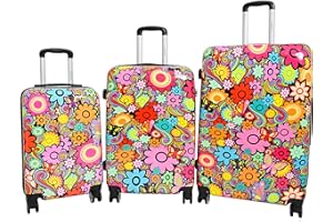 HOUSE OF LUGGAGE New 4 Wheel Luggage Floral Print PC Hard Shell Suitcases Travel Bags with Lock (Full Set of 3 Sizes Cabin+Medium+Large)