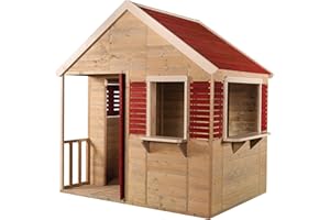 Wendi Toys M12 Summer Villa | Rouge Enfants Maisons en bois Summer Villa pour l'extérieur | Maison de jardin maison de jeux avec porte pleine, fenêtre, rideaux, porche, étagère de jouet, volets