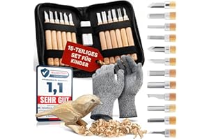 Eli® Schnitzset für Kinder (15-teilig) inkl. Handschuhe - Tasche und Schleifstein - 12 hochwertige Schnitzwerkzeuge - Schnitzmesser - Kinderschnitzmesser - Schnitzen für Jungen und Mädchen