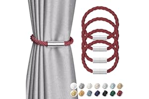 Pretty Jolly 4 Pack Mini Magnetic Curtain Tiebacks Modern Simple Style Drape Tie Backs Elegant Decorative Weave Rope Curtain Holdbacks for Home & Office Thin Window Draperies (Wine Red)