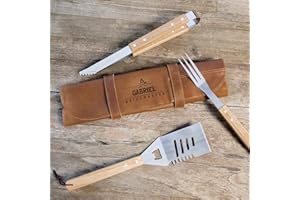 Set de Barbecue en Cuir Personnalisé - Set spécial BBQ composé de 3 Outils Pratiques en Acier Inoxydable, avec Une Housse en Cuir de Buffle Gravée au Laser