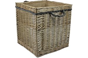 POP-IT-IN-A-PELICAN Range of large Antique grey Wicker log baskets. Rope handles. Wood & kindling storage for fireplace. Or shoes toys washing clothes bin (80 litres, Square)