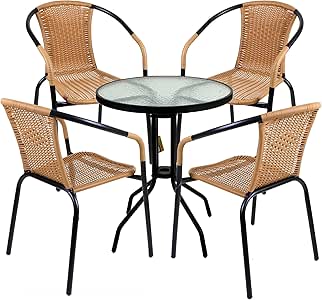 Marko Outdoor 5 Piece Bistro Set Garden Patio Tan Wicker Rattan Outdoor