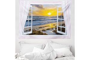 ABAKUHAUS Küsten Wandteppich, Open Window Sonnenaufgang Meer aus Weiches Mikrofaser Stoff Waschbar ohne Verblassen Digitaldruck, 150 x 110 cm, Gelb Blau