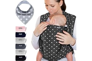 Makimaja - Écharpe De Portage Gris Foncé Avec Des Étoiles - Porte-Bébé De Haute Qualité Pour Nouveau-Nés Et Bébés Jusqu'À 15 Kg - En Coton Doux - Incl. Sac De Rangement Et Bavoir Bébé