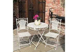 GlamHaus Garden Bistro Set Metal Foldable Patio 3 Piece Garden Balcony Furniture Folding Table and Two Chairs Antique Cream Beautiful Handmade Vintage Outdoor Dining Set Seville