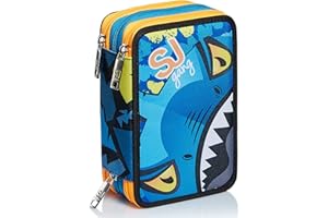 SJ GANG STYLE JAM GANG SJ Gang Astuccio Scuola 3 Zip, Cuccioli da SJ, Grigio e Azzurro, Portapenne Triplo Scomparto Completo Di Penne, Matite, Pennarelli, Accessori Zaino, Bambino