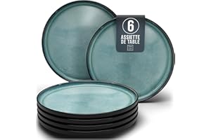 PURE LIVING INTERIOR DESIGN Assiettes Service de Table: Ensemble de 6 grandes assiettes en grès Ibiza - élégantes, compatibles lave-vaisselle et micro-ondes - Service vaisselle 6 personnes, Pure Living bleu pétrole foncé