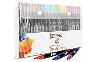JZMAX 100 Dual Tip Brush Pens Art Supplies Colouring Pens Set- Coloured Pens, Felt Tip Pens- Art Pens for Kids and Adult Colouring Books- Fine Tip for Drawing, Brush Tips for Calligraphy (100)