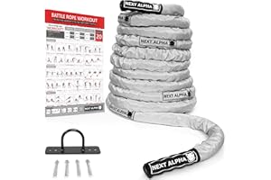 Next Alpha Battle Rope - Corda da Allenamento - 38mm/50mm, 9m/12m/15m - Fascette di Protezione - Ancoraggio a Muro - Workout Instruction Poster
