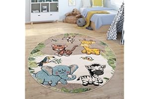 Paco Home Kids Rug Jungle Animals Giraffe Lion Monkey Zebra Beige Cream, Size:Ø 120 cm round