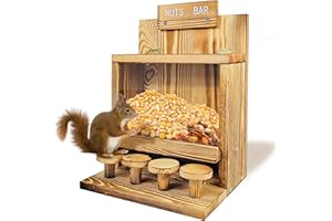 HIGHLAND FARMS SELECT Squirrel Feeder, Squirrel Picnic Table Feeder, Carbonized Wooden Squirrel House Feeders with Stable Squirrels Stool Bar, Funny Squirrel Feeders for Outdoors