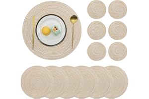 Pauwer Woven Table Placemats and Coaster sets 6, Round Cotton Dinner Table Mats Anti Slip Heat Resistant Place Mats Easy Clean