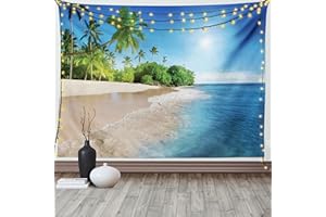 ABAKUHAUS Azul Tapiz de Pared y Cubrecama Suave, Océano Palmeras Tropicales en Isla Soleada Playa Escena Panorámica Imagen, No se Desliza de la Cama, 230 x 140 cm, Blanco