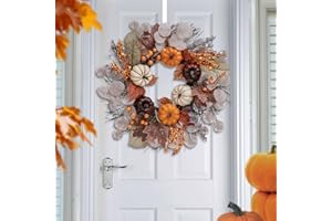 Valery Madelyn 45 cm jesienny wieniec z dyni na drzwi wejściowe, sztuczne żniwa, Święto Dziękczynienia, dekoracje jesienne ze stożkiem sosnowym, skupiska jagód, liście klonu, do kominka ściennego