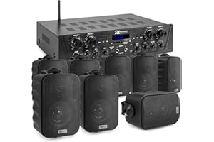 Power Dynamics, 4 Zonen Verstärker PV240BT - 8X Stereo Speaker 100 Watt Lautsprecher System BG030, Bluetooth Soundsystem, Komplette Lautsprechereinrichtung, Lautsprecher Installation