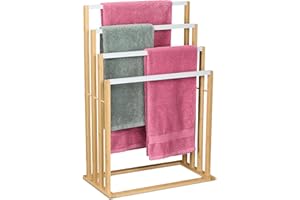 Relaxdays Towel Rail, 4 Bars & Shelf, Bamboo & Metal, HWD: 82 x 55 x 31 cm, Free-Standing Drying, Shower Rack, Natural