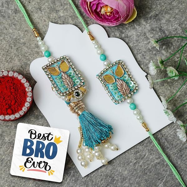 Urvi Creations Designer Beaded Rakhi Set - Brother & Bhabhi Pair, Silk Thread, Zircon, Pearls, Rakshabandhan Gift