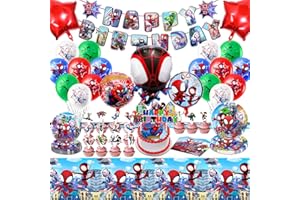 SIDESEA Geburtstagsdeko Partygeschirr Kindergeburtstag, 79 Stück Spidey Pappteller Kindergeburtstag Spider Luftballons Tischdecke Geburtstag Tortendeko Pappteller Deko Geburtstag Kinder für 10/20 Personen