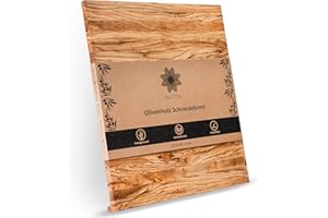 PROTEA Planche à découper en bois d'olivier massif avec rainure à jus et bord d'appui Taille XXL – Planche en bois d'olivier résistante aux coupures et antiseptique pour la cuisine – Table de service