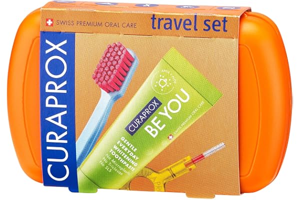 Curaprox Kit de Voyage Brosse à dents CS 5460 avec Dentifrice 'Be You' | 2 Brossettes interdentaires CPS Prime 07 et 09 / Kit de soins dentaires 9,5 cm x 6 cm/Rose/Fabriqué en Suisse