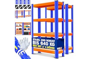 MASKO® 2-częściowy zestaw regałów magazynowych do dużych obciążeń, regał piwniczy, 160 x 90 x 40 cm do 700 kg, 4 regulowane półki, płyta MDF, regał metalowy, regał wtykowy, regał warsztatowy, piwnica,