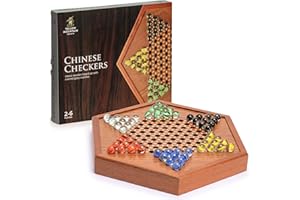 Yellow Mountain Imports Jeu de Dames Chinoises Halma en Bois - 32 Centimètres - avec Tiroirs et Billes de Verre Colorées