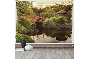ABAKUHAUS Japonais Tapisserie, Jardin Asie Paix, Décoration Murale en Tissu pour la Chambre à Coucher Le Salon Le dortoir, 150 cm X 110 cm, Vert Jaune