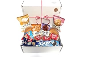 AST GIFTS Biscuits Hamper treat box. Gift set has Border Biscuits, Lotus Biscoff biscuits, Oreos, wafers, and St Michel Donuts. An Ideal Afternoon Tea gift basket of Munchies for All Occasions