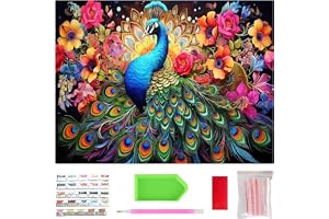 Peacock Diamond Painting Kit, 5D DIY Full Drill Round Diamond Art Canvas with Tools, Colorful Peacock and Flower Diamond Painting Craft Kit for Adults Beginners Wall Decor, 40 x 30 cm