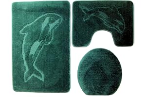 Ilkadim Delphin Badgarnitur 3 TLG. Set 55x85 cm einfarbig, WC Vorleger mit Ausschnitt für Stand-WC (dunkelgrün)