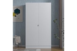 NERA FURNISHINGS Large White 2 Door Wardrobe with Hanging Rail and Shelves Modern Bedroom Furniture Storage (White)