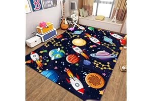 MUOUCTE Satellite Rocket Pattern Boy Bedroom Rug, 60x110cm Universe Solar Galaxy Theme Teen Boys Girls Room Decorative Carpet, Soft Non-Slip Washable Bedroom Kindergarten Entrance Carpet Mat