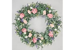 Avoeco Artificial Wreath for Front Door Decor- Year-Round Greenery, 20~21" Eucalyptus Spring & Summer Decorative Wreath with Flowers, Perfect for Farmhouse, Weddings & Seasonal Décor (B Rose)