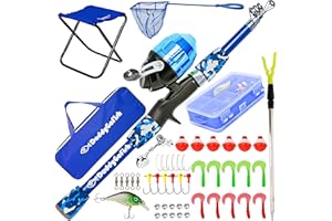‎DADDYGOFISH DaddyGoFish Kinder Angelset - Teleskoprute & Rolle Combo mit Klappstuhl, Rutenhalter, Tackle Box, Ködernetz und Tragetasche für Jungen und Mädchen
