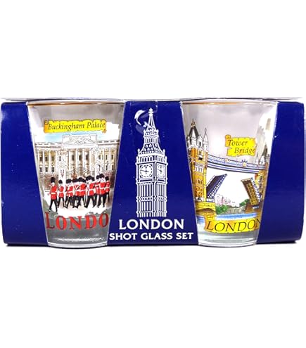 Lot De 2 Verres à Shot Londres - Motif Big Ben, Bus, Taxi, Gardes Royaux - Style Art Déco