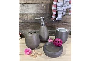 Best Value Here Set of 4 Brown or Black Textural Bath Accessory Set Matt Finish Soap Dish Lotion Bottle Toothbrush Holder Cup Black Cream White (Black)