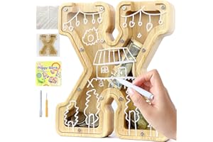 Lakpopya Huchas Originales para Niños Hucha Infantil Niña Niño de Alfabeto A-Z Hucha Personalizada Hucha de Madera Transparente con Pegatinas & Rotulador & Destornillador, Regalo para Infanti (X)