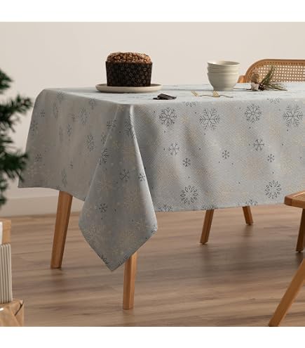 Mantel De Navidad Jacquard Con Hilo Dorado - 140x300 Cm, Color Agua/plata, 70% Algodón 30% Poliéster