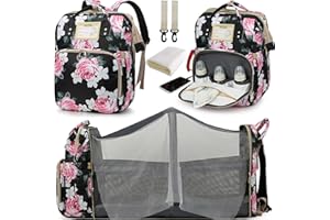 DBPBToU Sac a Langer Bebe avec Fonction Lit, Sac à Langer avec Imprimés Floraux Magnifiques, Mommy Bag Multifonctionnel Imperméable, Sac à Dos à Langer avec Port de Recharge USB