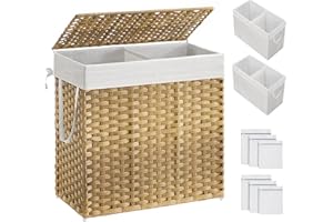 SONGMICS Kosz na pranie z pokrywką, kosz na ubrania 130 l z 2 wyjmowanymi torbami i 6 siatkowymi torbami, wiklinowy kosz na pranie, podwójny kosz na pranie do łazienki, 30 x 66 x 60 cm, naturalny