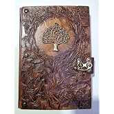 Deri Defter, Hakiki Kuzu Derisi, G&uuml;nl&uuml;k Kabartma Tasarım Antik Kahve Metal Kilit B&uuml;y&uuml;k Boy 70 gr Şamua Kitap Kağıdı 300 sayfa