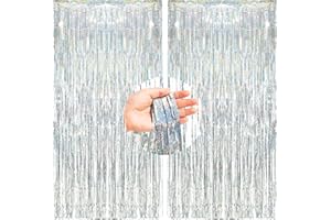 BRAVESHINE 2 Pcs 3.2x 8.2ft Tinsel Foil Fringe Curtains Metallic Photo Backdrop Party Supplies for Christmas New Years Eve Decorations 2026 Frozen Birthday Wedding Hen Disco Party Decorations - Silver