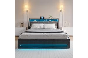 BRYXR Polsterbett 140x200 cm mit LED-Kopfteil, Doppelbett mit USB und Lattenrost, Hydraulischem Stauraum und Metallrahmen, Jugendbett, Leinenstoff Grau (Ohne Matratze)